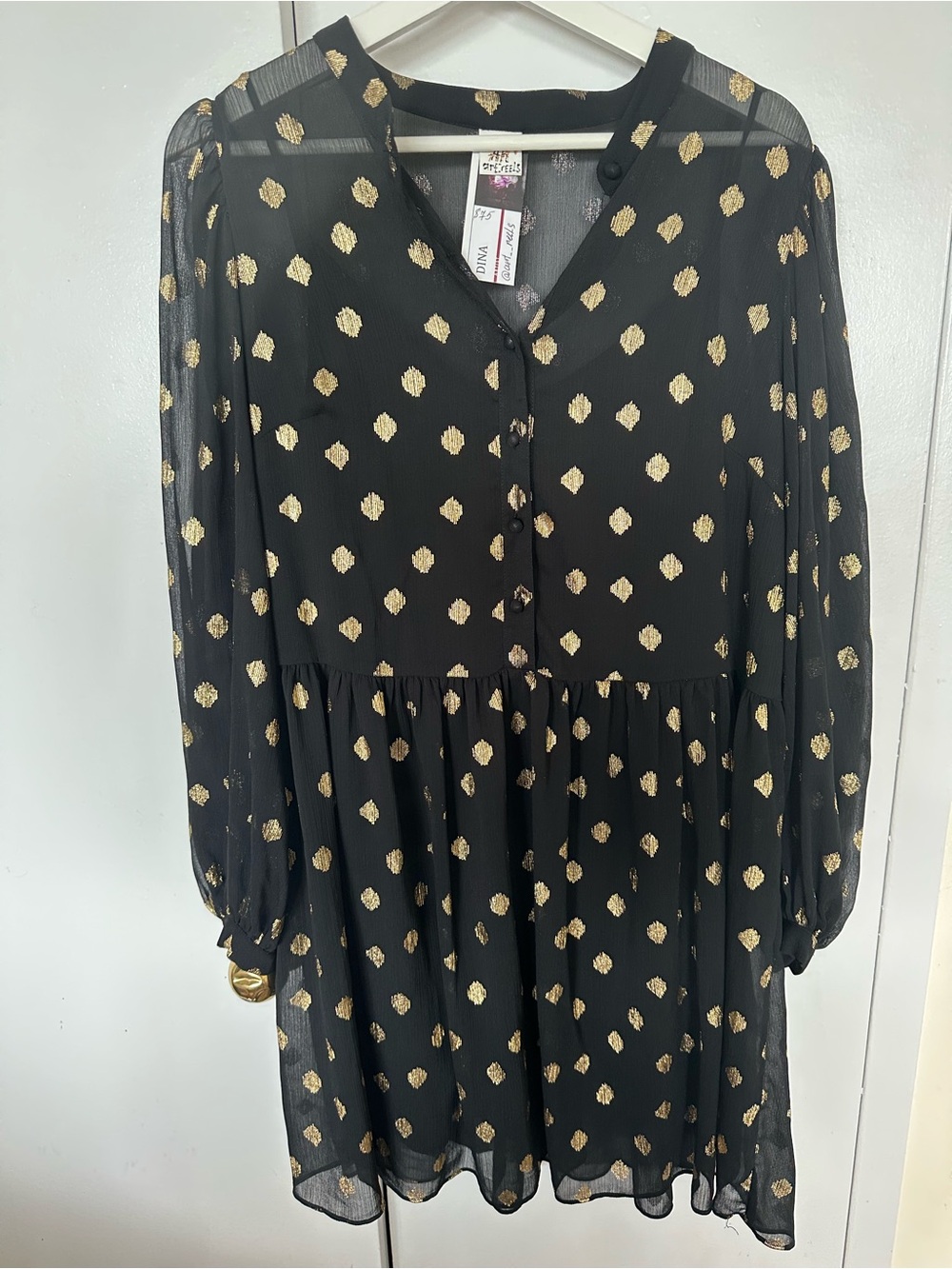 Black Long Sleeve silky Dress with Gold Dot Print